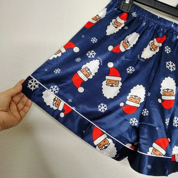 NWOT Ekouaer Navy Blue Santa Claus Print Satin Pajama Set Blouse & Shorts Sz S - Picture 13 of 15